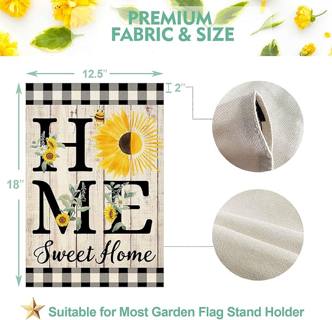 ORTIGIA Summer Sunflower House Flag Burlap Vertical Double Sided 28 x 40 Inch Home Sweet Home Spring Floral Flower Large House Flag Buffalo Check Plaid Home Front Yard Patio Outside Outdoor Decor
