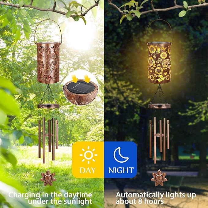 YHmall Solar Wind Chimes for Outside, 35'' Sunflower Gifts for Women Mom Grandma Windchimes Outdoors, Solar Lantern Memorial Wind Chimes Teacher Appreciation Unique for Garden Decor