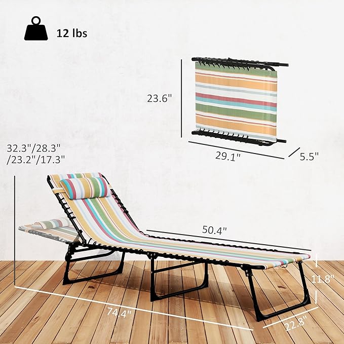 Outsunny Folding Chaise Lounge Chair, Patio Sun Tanning Chair, Outdoor Chaise Lounger with 4-Position Reclining Back, Breathable Mesh Seat for Beach, Poolside, Yard, Rainbow Striped