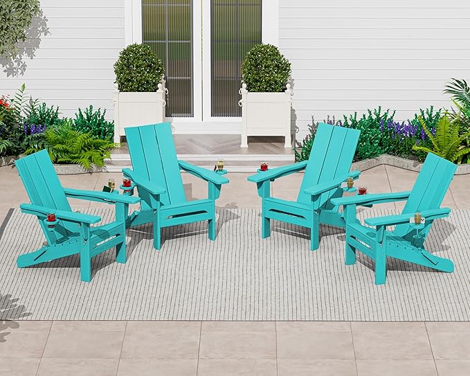 SERWALL Modern Adirondack Chair Set of 2, Folding Adirondack Chair with Cup Holders, Outdoor HDPE Adirondack Chair, Teal