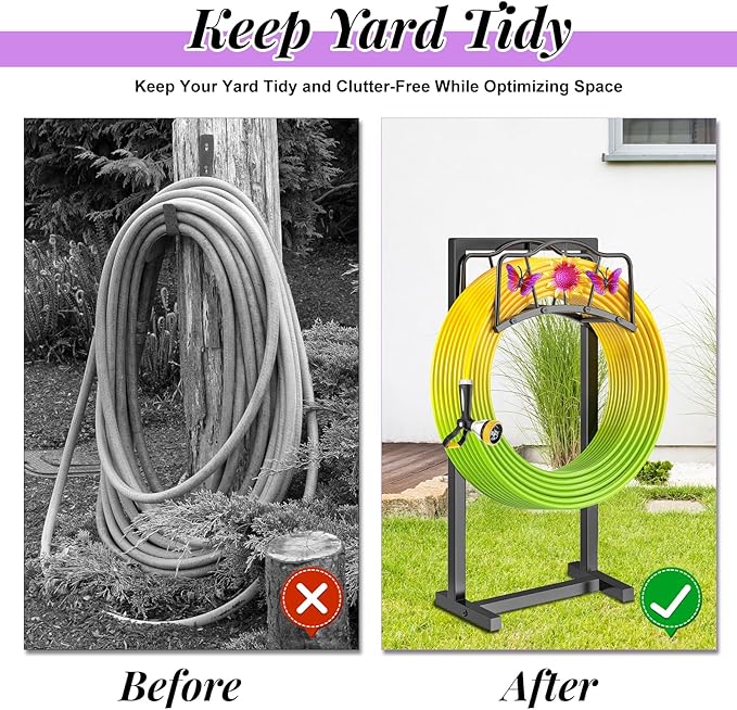 Garden Hose Holder, Heavy Duty Metal Water Hose Holders Stand with 4 Spikes, Freestanding Outdoor Water Pipe Storage Rack Hanger 150ft for Outside Yard Lawn Decor