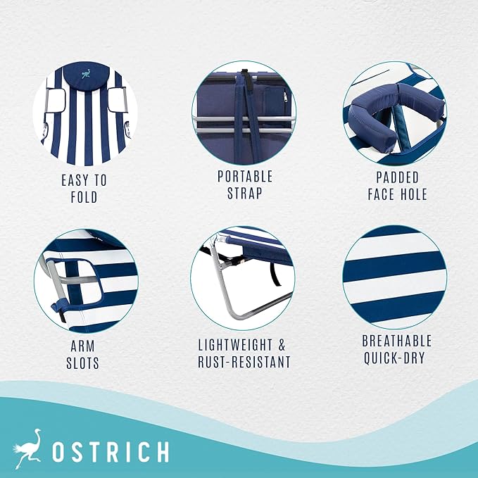Ostrich Beach Lounge Chair, Folding & Reclining Outdoor Chaise Lounger, Navy/White Striped - Portable Adjustable Recliner Chairs for Lawn, Pool, Patio, Garden, and Yard