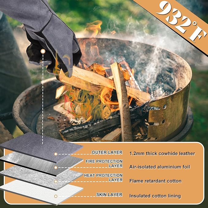 Leather Welding Gloves, 16inch 932℉ Heat/Fire Resistant, Wood Stove Gloves, Large Mitts for BBQ,Grill,Tig/Mig (Grey, M)