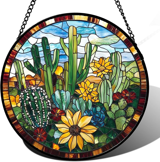 Stained Glass Window Hanging Green Cactus with Yellow Flowers 6.3" - Suncatcher Door Garden Sun Catcher Home Decor Birthday Christmas for Mom Men Woman Friend Nana