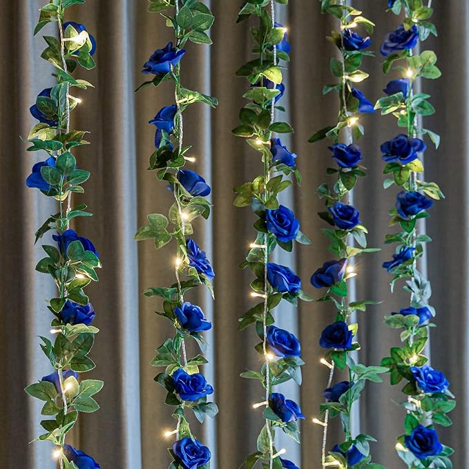 2 Pack (16FT) Artificial Rose Vine Fake Flowers Garland Hanging Silk Rose Ivy Plants Vine for Father's Day,Wedding Arch Party Garden Home Aesthetic Art Décor (Royal Blue)