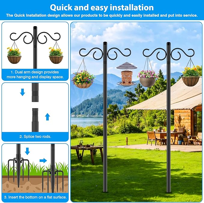 Adjustable Shepherd Hooks for Outdoor,2 Pack 110 Inch 5 Prong Base Bird Two Sided Feeder Poles,Heavy Duty Shepherds Hook,Suitable for Garden in Hanging Flower Basket,Lantern,Bird Nests