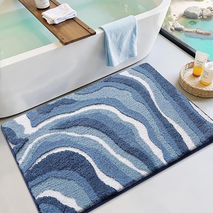 LUMI Absorbent Bathroom Rug Non Slip Rubber Backing, Machine Washable Wave Bath Mat Soft Premium Microfiber, Beach Bath Rugs Quick Dry for Bathtub and Shower Floor, 20"x32"