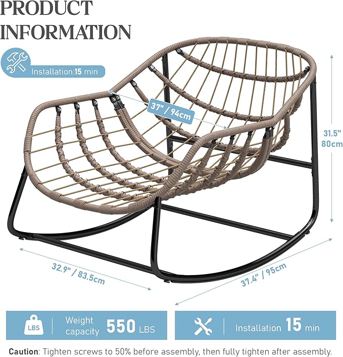 Fancyango Oversized Egg Rocking Chair for Indoor/Outdoor – All-Weather Wicker Rattan Lounge Chair with Cushion, Patio Rocker for Porch, Garden, or Balcony (Grey, 37''Dx37.4''Wx31.5''H)