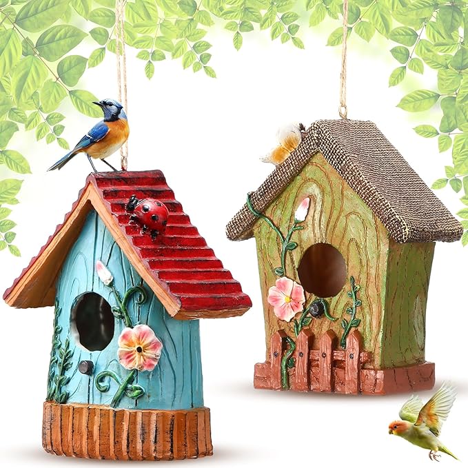 2 Pack Bird Houses for Outside Decorative Birdhouse for Outdoor Hanging Cute Resin Birdhouses with Hemp Rope Nesting Flower Hanging Birdhouse Gift Bird Lover Garden Decorations Water Proof