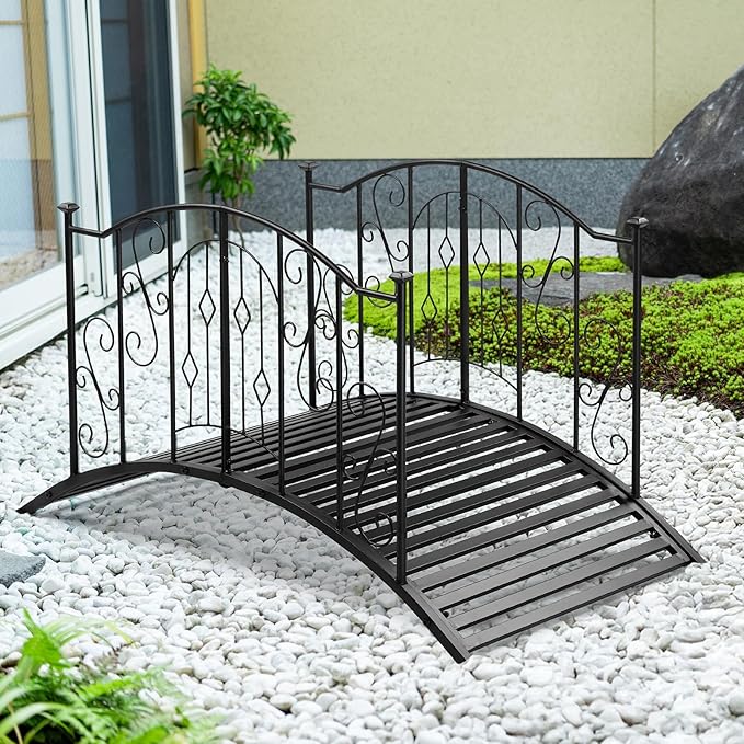Outvita Metal Garden Bridge for Outdoor, Elegant Decorative Bridge with Powder-Coated Finish and Security Guardrail for Patio Pond Backyard Landscaping (Crown)