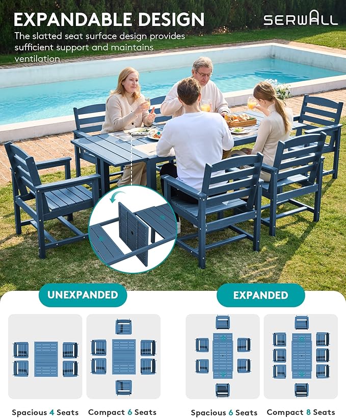 SERWALL 5-Piece Outdoor Table and Chairs, 60" - 83" Expandable Outdoor Dining Table with Aluminum Frame & HDPE Tabletop, All Weather HDPE Patio Furniture Set for Backyard, Garden, Blue
