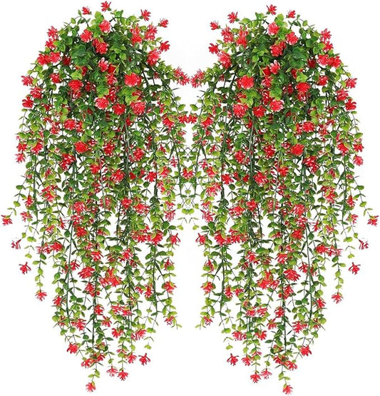 WEISPARK Artificial Hanging Flowers, 4pcs Fake Eucalyptus Vine Faux Flower Greenery Garland Plastic Plants for Indoor Outdoor Wall Garden Wedding Home Party Decor