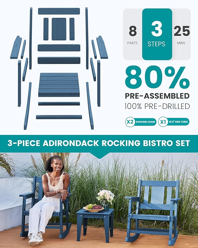 SERWALL Outdoor Rocking Chairs Set of 2 with Side Table, All-Weather HDPE 3 Piece Patio Furniture Set, Outdoor Bistro Set for for Porch Deck Lawn Balcony, Blue