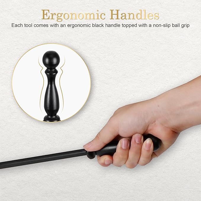 F2C 5 Pieces Fireplace Tools Sets Indoor Outdoor Wrought Iron Large Fire Place Set Tools, Fire Pit Tools，Includes Brush, Shovel, Tongs, Poker, Grabber