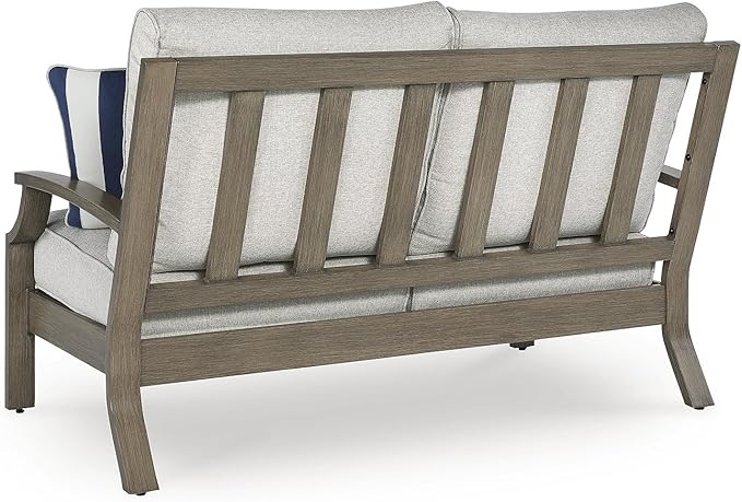 Signature Design by Ashley Rainier Ranch Casual Nuvella Weather Resistant Fabric Outdoor Loveseat with Cushion and 2 Accent Pillows, Light Brown & Light Gray