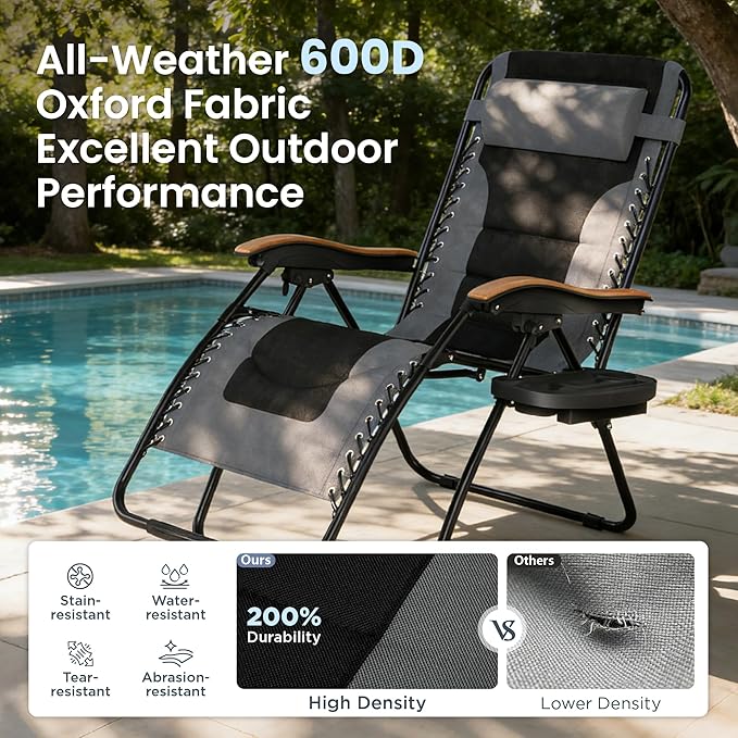 PHI VILLA XXL Oversized Padded Zero Gravity Chair Set of 2, Foldable Patio Recliner, 30" Wide Seat Anti Gravity Lounger with Armrest and Cup Holder, Support 400 LBS (Grey)