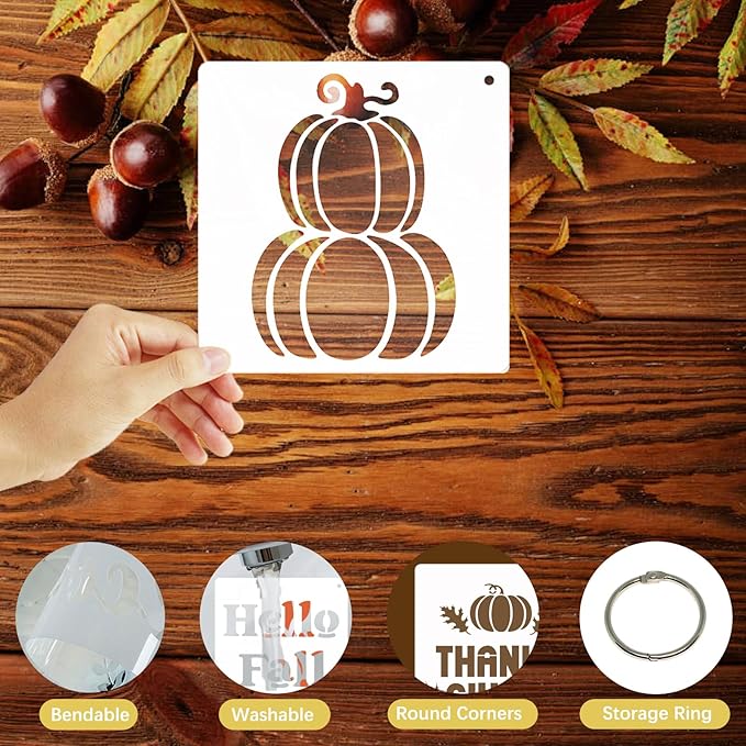 25 Pcs Thanksgiving Fall Stencils Reusable, 6x6 in Autumn Drawing Stencils for Painting on Wood, Pumpkin Maple Spraying Templates for DIY Greeting Cards Holiday Crafts Canvas Fabrics Wall Door Decors