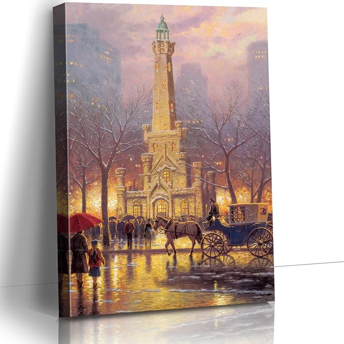 STUDIO HAVEN Thomas Kinkade Canvas Wall Art, Snowy Winter Evening Horse Drawn Carriage Pedestrians City Tower Oil Painting Poster Landscape Wall Decor, Framed Prints for Home Decor, 28x40Inch