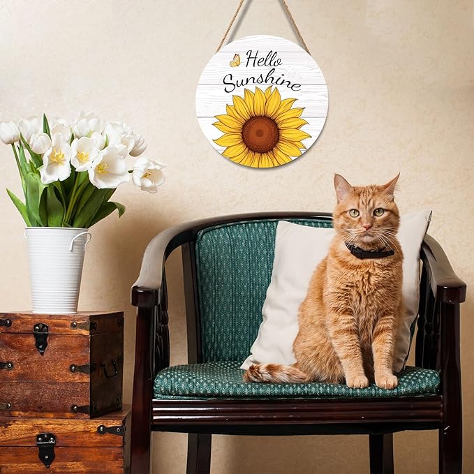 Hello Sunshine Door Sign For Front Door Decor,Spring Summer Sunflower Butterfly Wooden Sign 12"x 12" Round Hanging Door Sign Decoration for Wall Rustic Decor