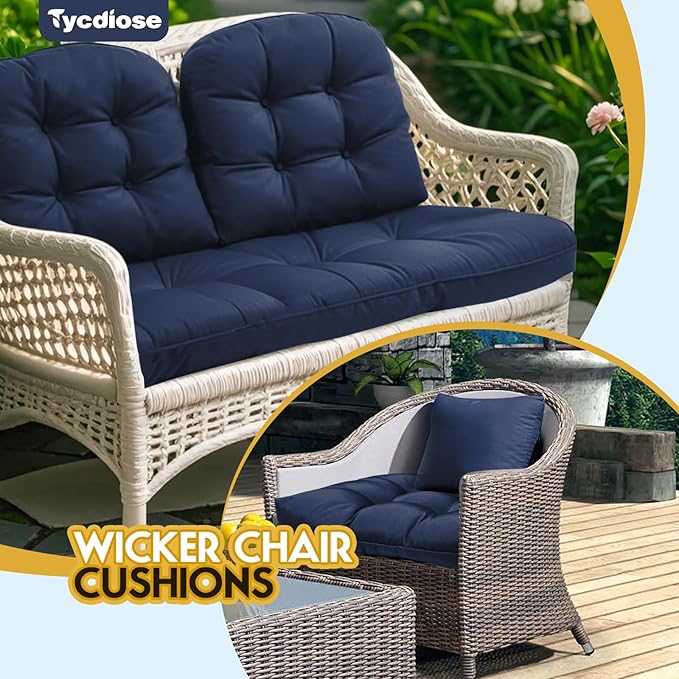 All Weather 3 Pieces Wicker Chair Cushions, Waterproof Outdoor Wicker Chair Cushion for Patio Furniture Loveseat Settee Bench, 1 Loveseat and 2 U-Shaped Thickened Cushions, Navy