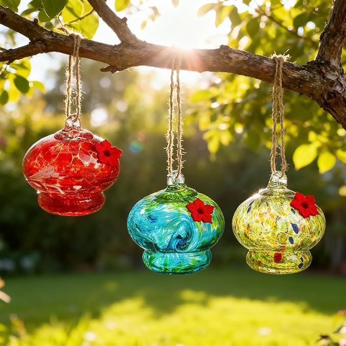 Glass Hummingbird Feeder with Flower Feeding Ports 3in Blown Glass Hummingbird Feeders for Outdoors Backyard Garden Decor Gifts for Women (3pcs)