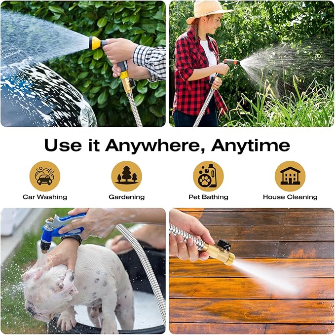 50FT Stainless Steel Metal Garden Hose - Lightweight, Kink-Free & Tangle-Free, Flexible with Brass Fittings, On/Off Valve, Pet Proof, Puncture Proof for Yard, RV, Car Washing (Silver)