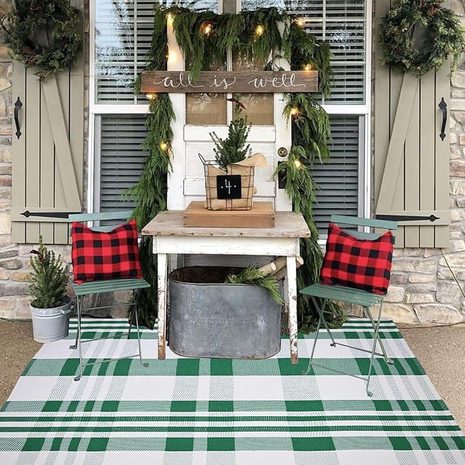 Christmas Plaid Outdoor Rug, 4' x 6' Green&White Checkered Indoor/Outdoor Area Rug, Layering Rug for Hello/Welcome Door Mat, Machine Washable Cotton Woven Rug for Farmhouse Front Porch, Entryway