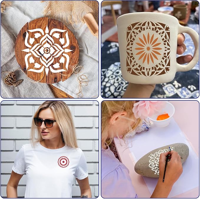 48 PCS Mandala Stencils Reusable Mandala Cookie Template Stencils for Painting for Coffee Cake Decorations Painting Rocks Wood Canvas Fabric Glass Pottery DIY Art Projects, 3.54 x 3.54 Inch