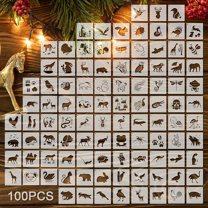 Fainne 100 Pcs 2 Inch Stencils Small Stencils for Painting on Wood Reusable Painting Templates Crafts for DIY Scrapbook, Wood, Wall, Fabric, Rock, Chalkboard, Sign(Animals)