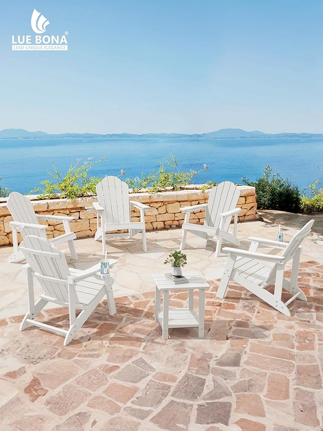 LUE BONA HDPE Adirondack Chairs Set of 2 - Salt-Spray Resistant Seating with Cup Holder for Porch, Poolside, Deck & Coastal Backyard, White
