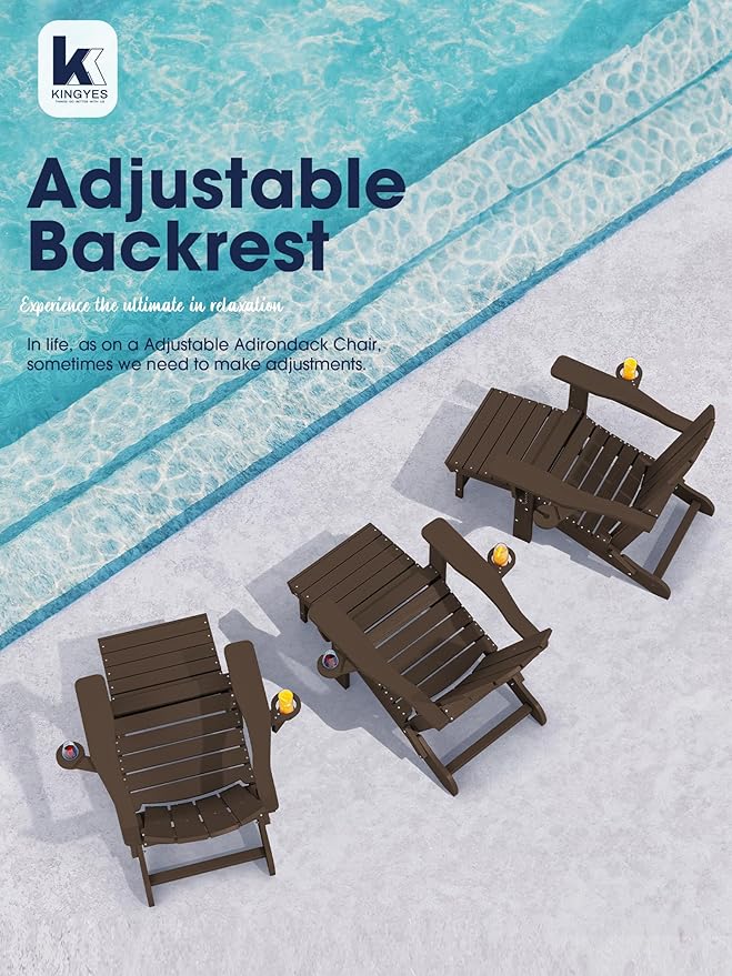 KINGYES Folding Adjustable Adirondack Chair with Ottoman Set of 4, HDPE Adirondack Recliner Chair with Footrest, Coffee