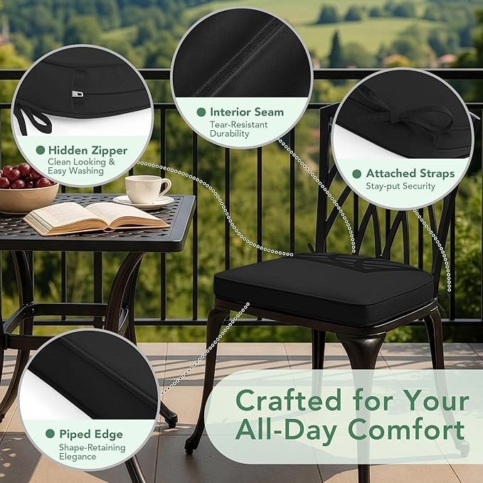 Outdoor Chair Cushions Set of 4: Waterproof & Fade Resistant Patio Furniture Cushions - 18.5 x 16 x 2 Inch Non Slip Round Corner Seat Cushion Pads with Removable Cover for Garden Yard Lawn, Black