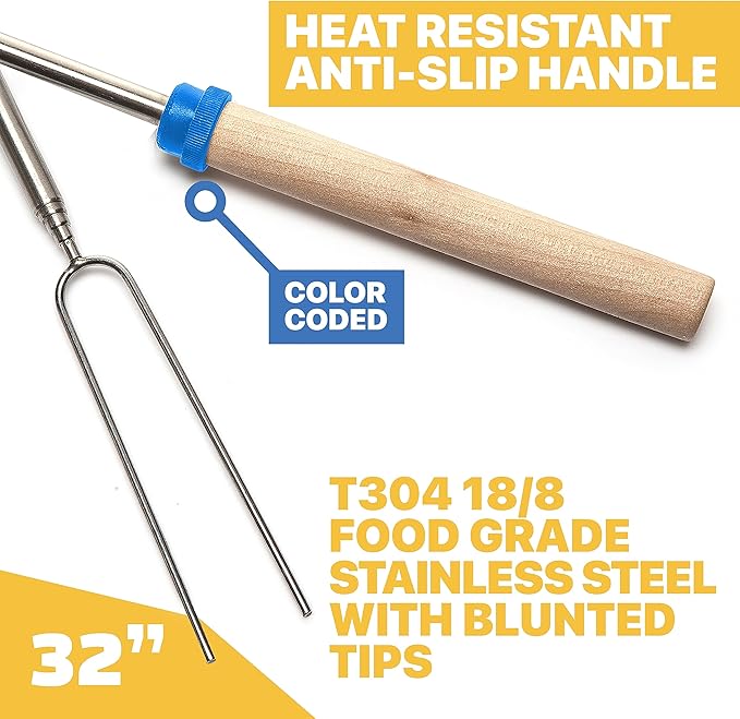 MalloMe Smores Sticks for Fire Pit - Accessories for Campfire Marshmallow Roasting Sticks Smores Kit Outdoor - Smore Skewers Hot Dog Fork For Outside, Camping Essentials Bonfire Gear Long 32" 5 Pack