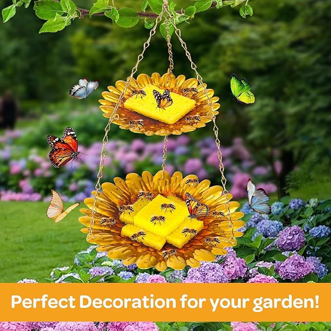 DECOHS Double-Deck Bee Feeder with Vivid Flower Design, Anti-Rust Iron Butterfly Bee Watering Stations with 2 Sponge, Hanging Butterfly Bath Bowl Bee Drinking Cup for Garden Yard Outdoor Decor