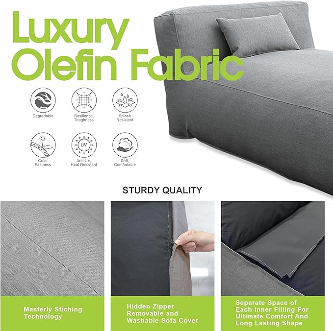 Bean Bag Chaise Lounge Chair Outdoor, Water Resistant Floor Lounge Chairs Foam Filled for Pool & Outside, Patio Day Bed Modern Furniture Set, Comfy Lazy Sofa Couch Bean Bag, Dark Gray