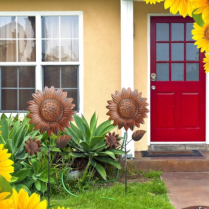 Silkfly 2 Pack Metal Sunflowers Outdoor Decor 22 Inch Vintage Rust Sunflower Decorative Garden Stakes for Outside Metal Flowers Yard Decor Art Spring Lawn Porch Patio Deocrations