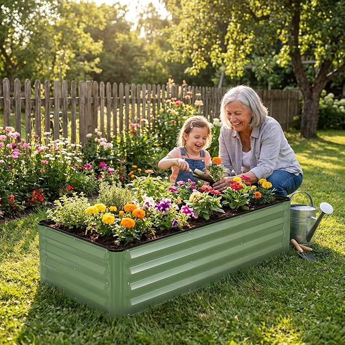 INNO STAGE Galvanized Raised Garden Bed Kits, 4x2x1ft Metal Raised Garden Beds Outdoor, Steel Raised Planter Bed with Gloves for Vegetables & Flowers Patio Ground Planter Box (Olive Green, 1PC)