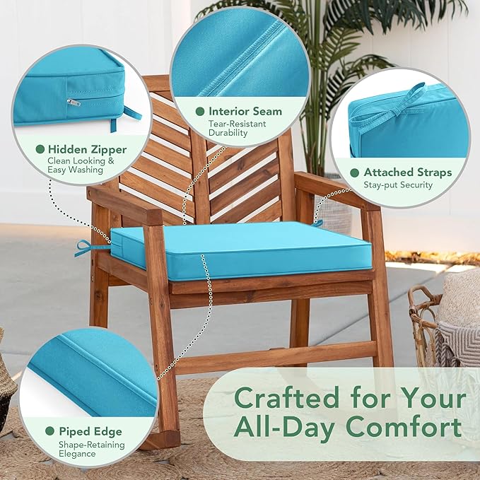 Outdoor Chair Cushions Set of 4: Waterproof & Fade Resistant Seat Cushion for Patio Furniture - 18.5 x 16 x 2 Inch Chair Pads with Ties and Hidden Zipper - Patio Chair Cushion Replacement, Teal