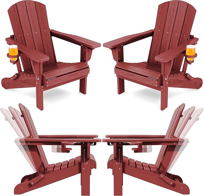 SERWALL HDPE Adirondack Chair Set of 4, Adjustable Adirondack Chair with 3 Recline Positions, Outdoor Adirondack with Cup Holders, Red