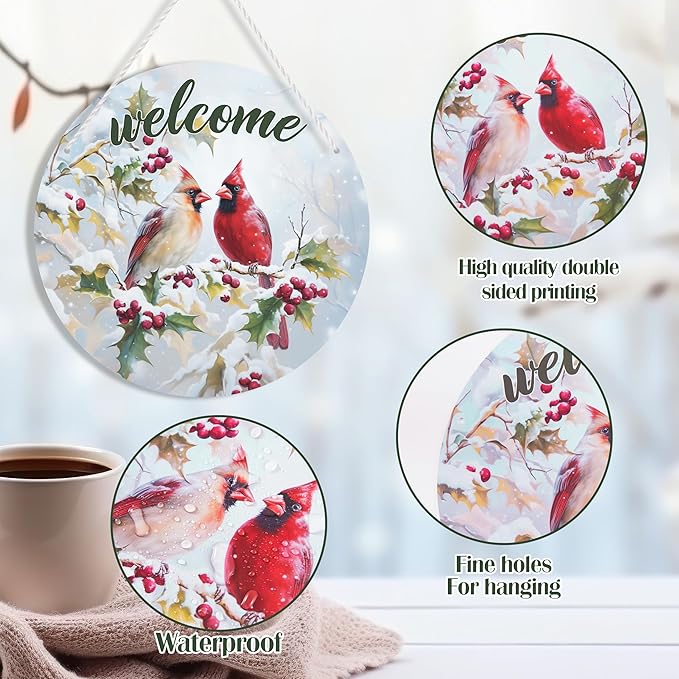 1 Pcs Winter Welcome Cardinal Bird Front Door Sign, Christmas Cardinal Bird Round Hanging Sign, Twig Berry Snow Outdoor Porch Home Wall Patio Garden Farmhouse Holiday Decor, 11 x 11 inches