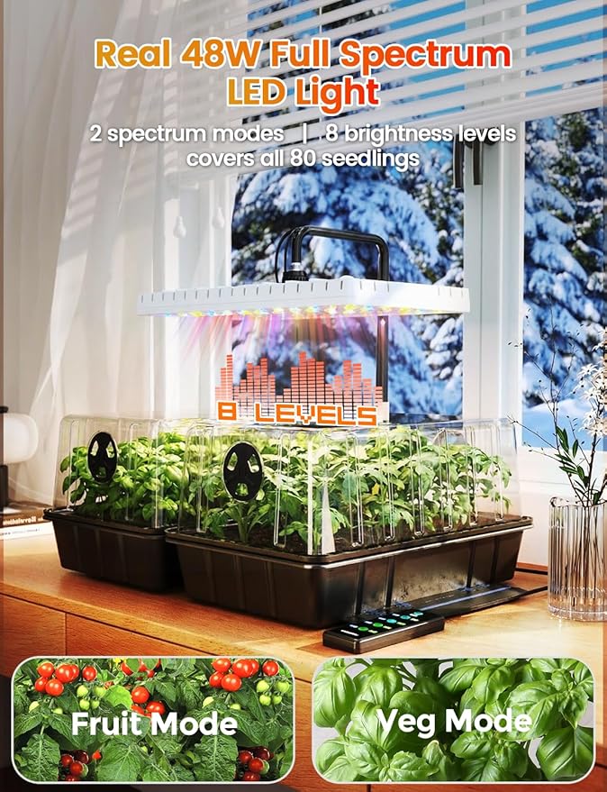 48W Full Spectrum LED Grow Light Seed Starter Kit, 80-Cell Tray with 30W Heating Mat & Adjustable Dome, Waterproof Germination System for Healthy Indoor Seedlings