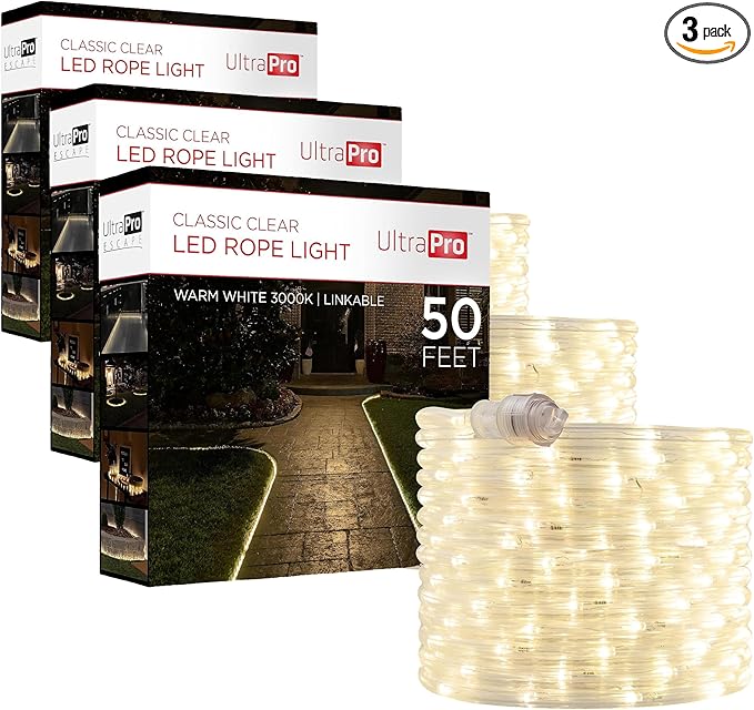 UltraPro LED Rope Lights, 50ft Classic Clear Rope, Warm White Light 3000K, Indoor/Outdoor, Flexible, Linkable, Durable, Rope-Lights Outdoor, 54505 (Pack of 3)