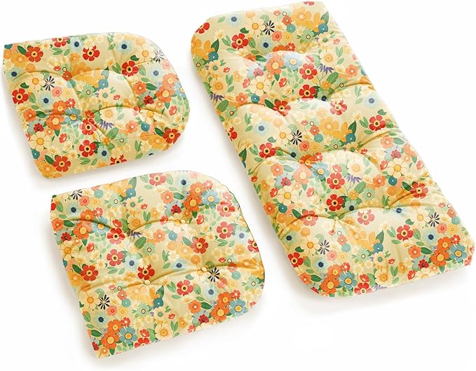 All Weather 3 Pieces Wicker Furniture Chair Cushions, Waterproof Outdoor Wicker Chair Cushion for Patio Furniture Loveseat Settee Bench, 1 Loveseat and 2 U-Shaped Thickened Cushions, Daisy