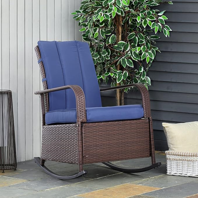Outsunny Wicker Outdoor Rocking Chair, Patio Recliner with Adjustment Backrest, PE Rattan Lounge Chair with Adjustable Footrest and Cushions for Garden, Backyard, Porch, Blue