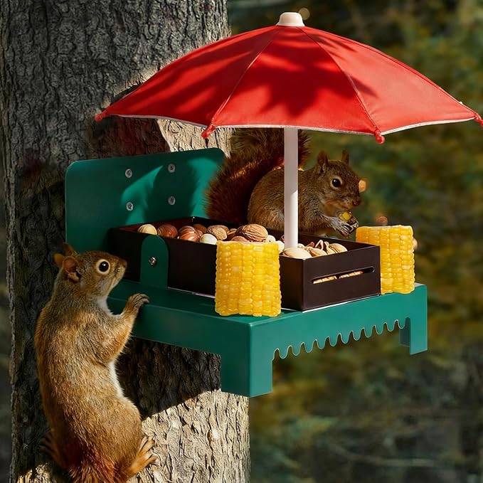 Metal Squirrel Feeder Picnic Table with Umbrella - Heavy Duty Iron Outdoor Chipmunk Feeder, Rust Resistant Corn Cob Holder, Funny Backyard Wildlife Gift for Nature Lovers. (RED)