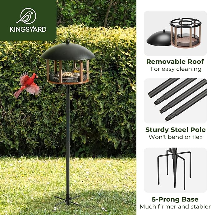 Kingsyard Large Platform Bird Feeder for Outside, Tray Bird Feeder with Weather Protective Dome & Universal Pole Kit, 5 lbs Seed Capacity, Brown