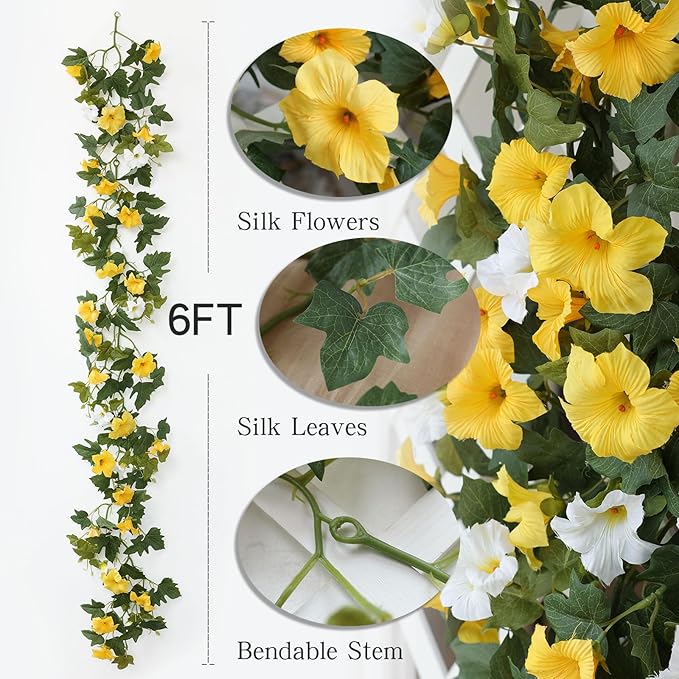 Mizii Artificial Petunias Flower Vines Garland 6 Feet Yellow Faux Morning Glory Silk Flowers Garland UV Resistant Fake Hanging Vines Plants Decorations for Outdoor Garden Indoor Home Decor (Yellow)