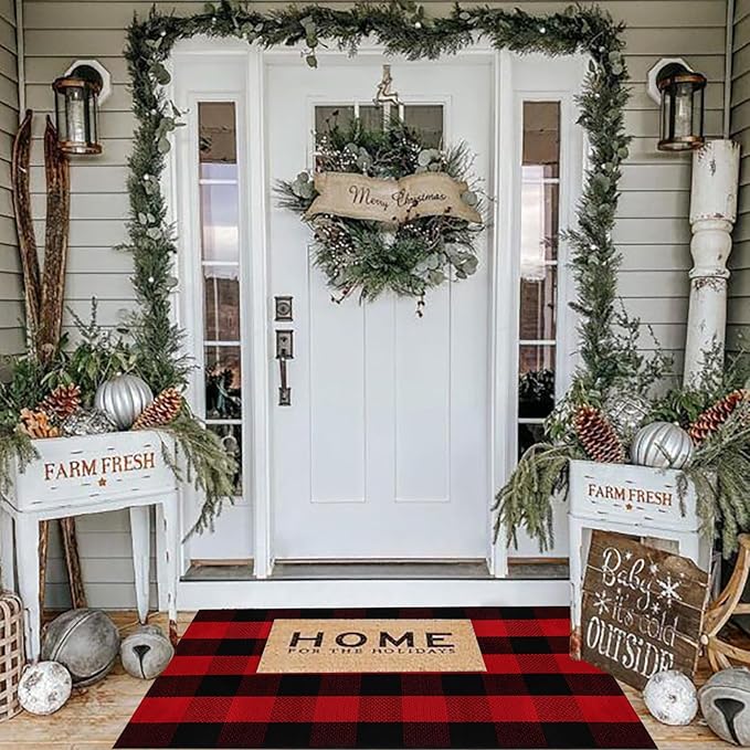 Christmas Door Mat Outdoor 27.5"x43" Buffalo Plaid Christmas Decor Rug Cotton Hand-Woven Layered Door Mats Washable Carpet for Front Porch, Kitchen, Farmhouse, Entryway