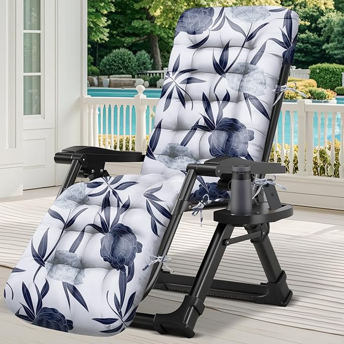 Zero Gravity Chair Cushion Outdoor Chaise Lounge Chair Cushion Waterproof 66 x 21 x 4 Inches Cotton with Ties, Soft Thickened Indoor Outdoor Furniture (Blue Enchantress)