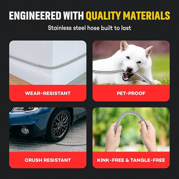 Stainless Steel Water Hose | Heavy Duty Metal Garden Hose with Nozzle | Kink Free, Anti Rust | Flexible and Lightweight Water Pipe for Gardening | Available in Different Sizes | HydroPro